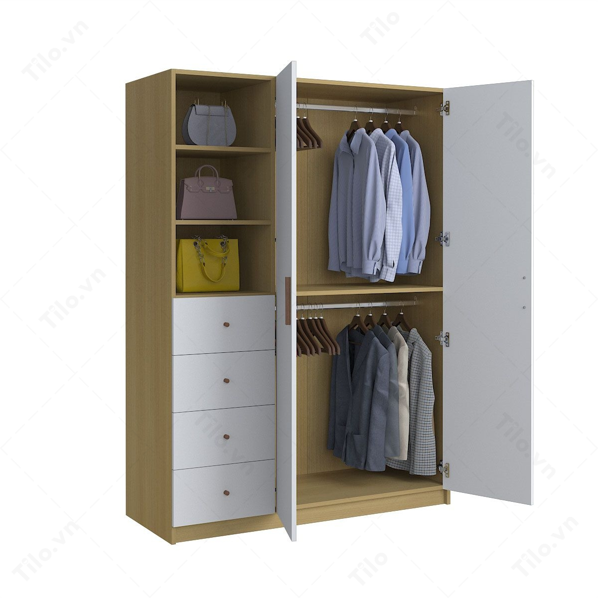 Mẫu tủ quần áo góc 3 cánh có kệ để túi và hộc kéo